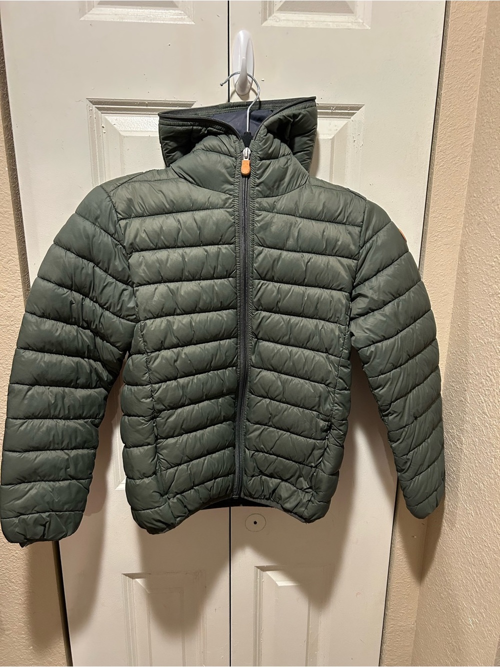 Save The Duck Plumtech Hooded Puff Jacket Olive Green , size 10